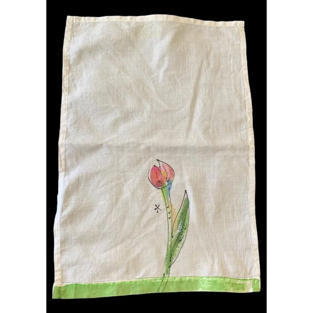 Vintage HAND PAINTED Linen Tea Towels FLORAL Hemstitch Set of 2 NOS 21